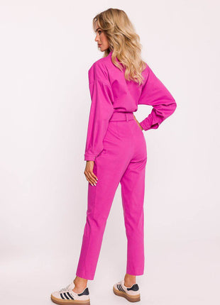 Cotton Wrap Jumpsuit with Snap Sleeves, Adjustable Belt & Side Pockets - MimiStylez