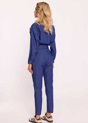 Cotton Wrap Jumpsuit with Snap Sleeves, Adjustable Belt & Side Pockets - MimiStylez