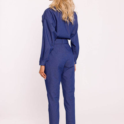 Cotton Wrap Jumpsuit with Snap Sleeves, Adjustable Belt & Side Pockets - MimiStylez