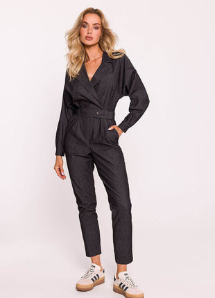 Cotton Wrap Jumpsuit with Snap Sleeves, Adjustable Belt & Side Pockets - MimiStylez