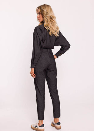 Cotton Wrap Jumpsuit with Snap Sleeves, Adjustable Belt & Side Pockets - MimiStylez