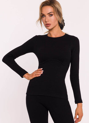 Ribbed Corset-Style Cotton Blouse with Long Fitted Sleeves - MimiStylez