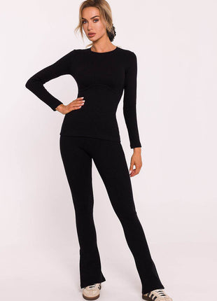 Ribbed Corset-Style Cotton Blouse with Long Fitted Sleeves - MimiStylez