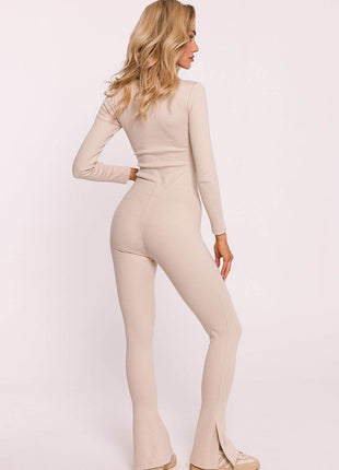 Ribbed Cotton Leggings with Flared Legs and Side Slits - MimiStylez