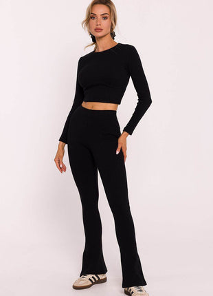 Ribbed Cotton Leggings with Flared Legs and Side Slits - MimiStylez