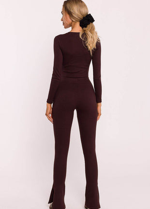 Ribbed Cotton Leggings with Flared Legs and Side Slits - MimiStylez