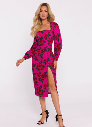 Printed Midi Dress with Crimson Neckline, Puff Sleeves & Front Slit - MimiStylez