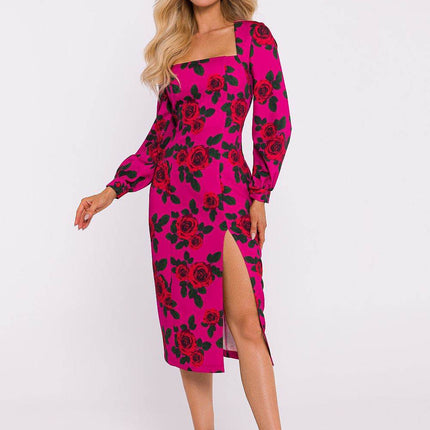 Printed Midi Dress with Crimson Neckline, Puff Sleeves & Front Slit - MimiStylez