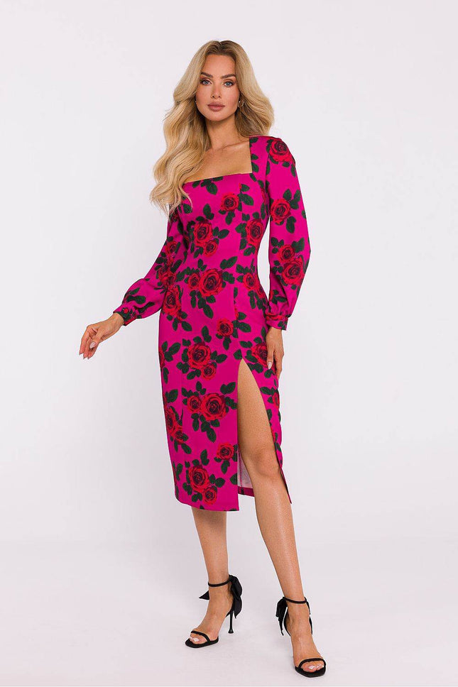 Printed Midi Dress with Crimson Neckline, Puff Sleeves & Front Slit - MimiStylez