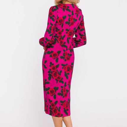 Printed Midi Dress with Crimson Neckline, Puff Sleeves & Front Slit - MimiStylez