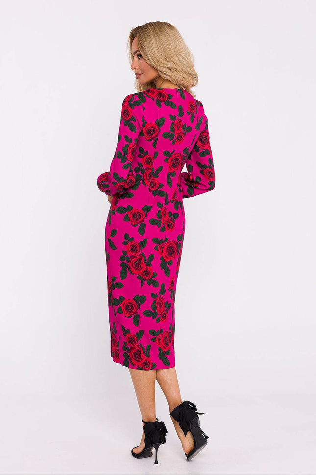 Printed Midi Dress with Crimson Neckline, Puff Sleeves & Front Slit - MimiStylez