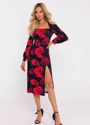 Printed Midi Dress with Crimson Neckline, Puff Sleeves & Front Slit - MimiStylez