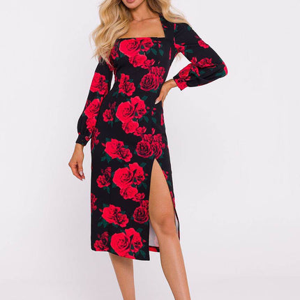 Printed Midi Dress with Crimson Neckline, Puff Sleeves & Front Slit - MimiStylez