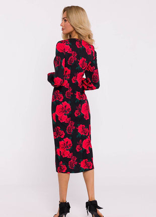 Printed Midi Dress with Crimson Neckline, Puff Sleeves & Front Slit - MimiStylez