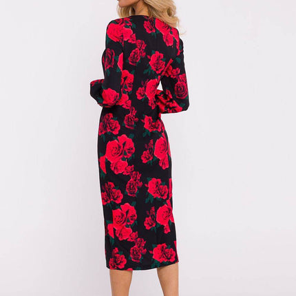Printed Midi Dress with Crimson Neckline, Puff Sleeves & Front Slit - MimiStylez