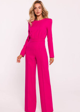 Structured Long-Sleeve Jumpsuit with Shoulder Pads and Back Zipper - MimiStylez