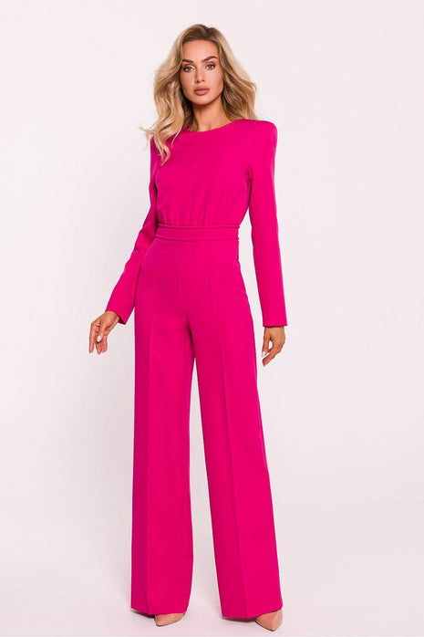 Structured Long-Sleeve Jumpsuit with Shoulder Pads and Back Zipper - MimiStylez