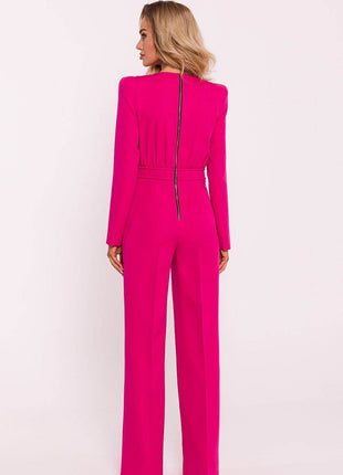 Structured Long-Sleeve Jumpsuit with Shoulder Pads and Back Zipper - MimiStylez