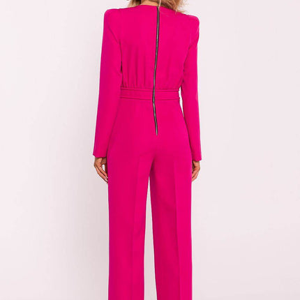 Structured Long-Sleeve Jumpsuit with Shoulder Pads and Back Zipper - MimiStylez
