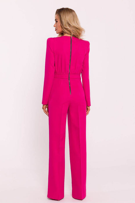 Structured Long-Sleeve Jumpsuit with Shoulder Pads and Back Zipper - MimiStylez