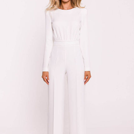Structured Long-Sleeve Jumpsuit with Shoulder Pads and Back Zipper - MimiStylez