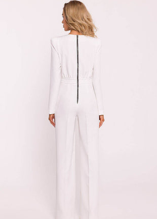 Structured Long-Sleeve Jumpsuit with Shoulder Pads and Back Zipper - MimiStylez