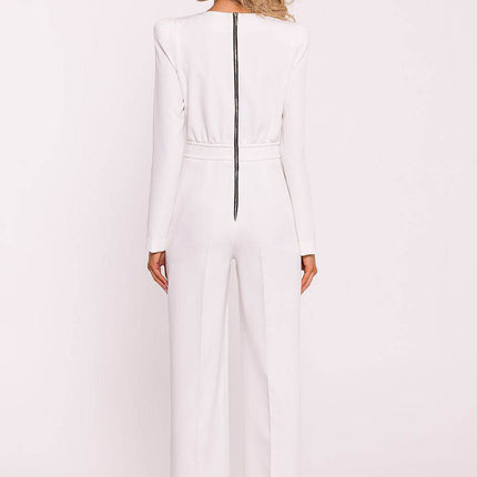 Structured Long-Sleeve Jumpsuit with Shoulder Pads and Back Zipper - MimiStylez