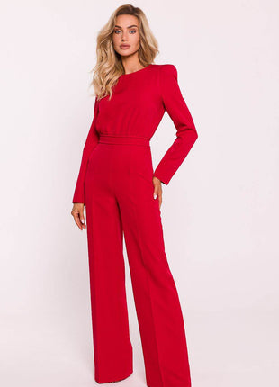 Structured Long-Sleeve Jumpsuit with Shoulder Pads and Back Zipper - MimiStylez