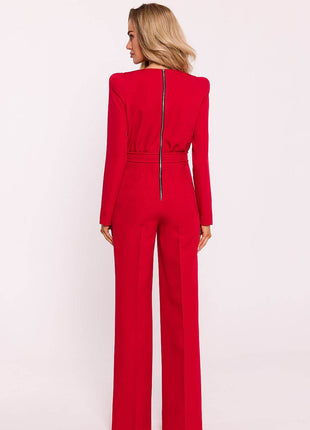 Structured Long-Sleeve Jumpsuit with Shoulder Pads and Back Zipper - MimiStylez