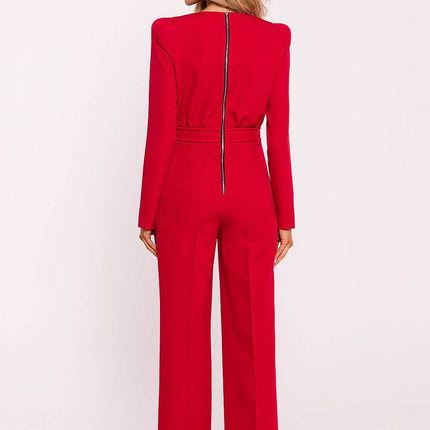 Structured Long-Sleeve Jumpsuit with Shoulder Pads and Back Zipper - MimiStylez