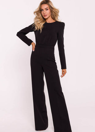 Structured Long-Sleeve Jumpsuit with Shoulder Pads and Back Zipper - MimiStylez