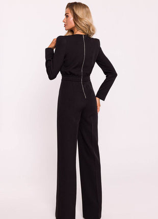 Structured Long-Sleeve Jumpsuit with Shoulder Pads and Back Zipper - MimiStylez