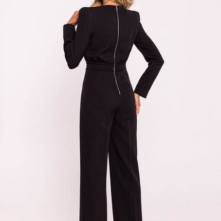 Structured Long-Sleeve Jumpsuit with Shoulder Pads and Back Zipper - MimiStylez