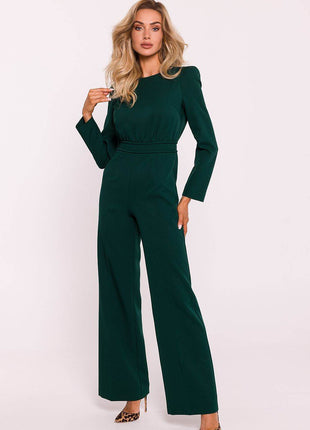 Structured Long-Sleeve Jumpsuit with Shoulder Pads and Back Zipper - MimiStylez