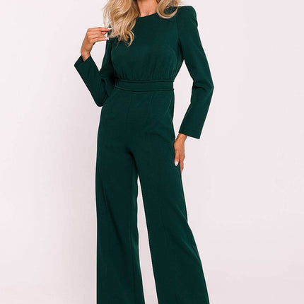 Structured Long-Sleeve Jumpsuit with Shoulder Pads and Back Zipper - MimiStylez