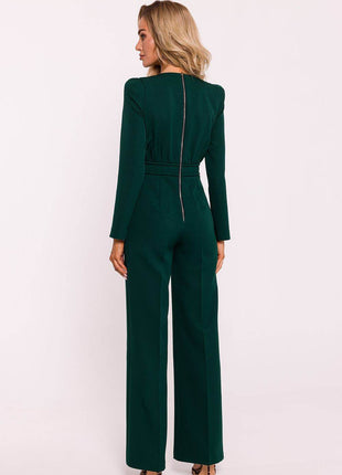 Structured Long-Sleeve Jumpsuit with Shoulder Pads and Back Zipper - MimiStylez