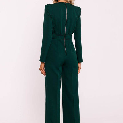Structured Long-Sleeve Jumpsuit with Shoulder Pads and Back Zipper - MimiStylez