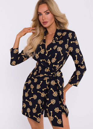Printed Short Jumpsuit with Jacket Collar and Side Tie - MimiStylez