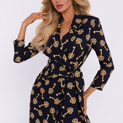 Printed Short Jumpsuit with Jacket Collar and Side Tie - MimiStylez