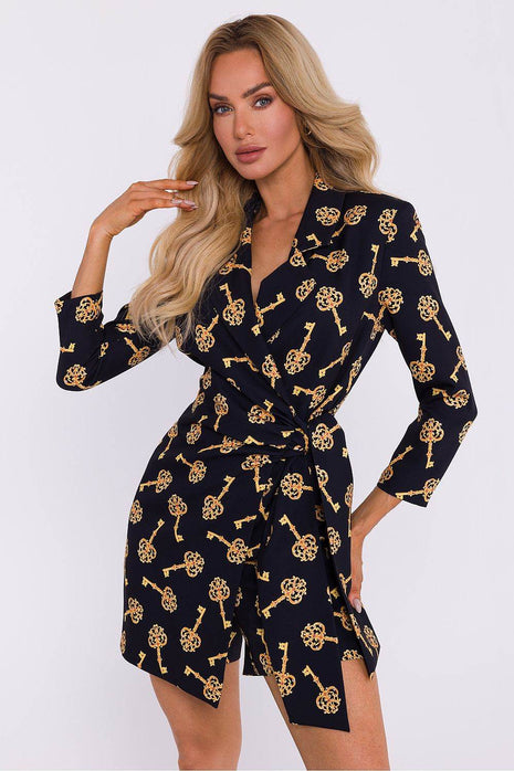 Printed Short Jumpsuit with Jacket Collar and Side Tie - MimiStylez