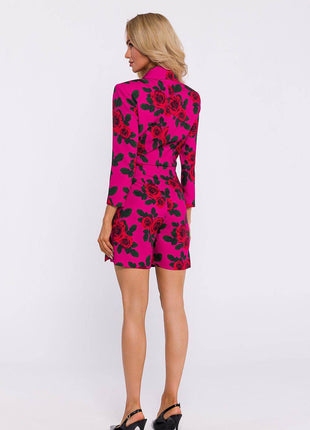 Printed Short Jumpsuit with Jacket Collar and Side Tie - MimiStylez