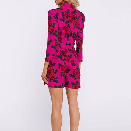 Printed Short Jumpsuit with Jacket Collar and Side Tie - MimiStylez