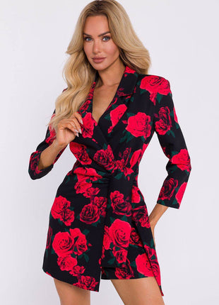 Printed Short Jumpsuit with Jacket Collar and Side Tie - MimiStylez