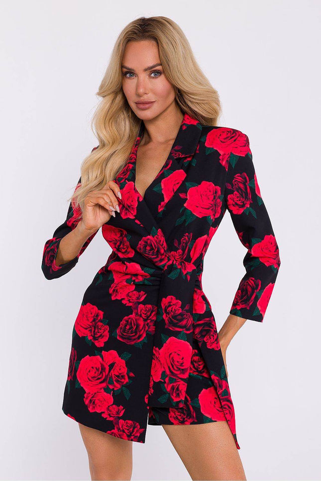 Printed Short Jumpsuit with Jacket Collar and Side Tie - MimiStylez