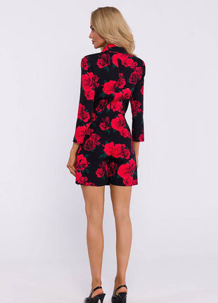 Printed Short Jumpsuit with Jacket Collar and Side Tie - MimiStylez