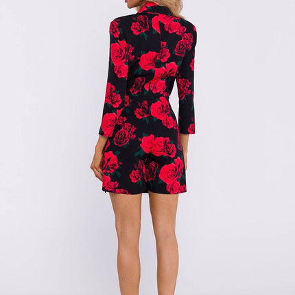 Printed Short Jumpsuit with Jacket Collar and Side Tie - MimiStylez