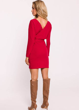 Ribbed Cotton Knit Mini Dress with Wrap Top, Long Sleeves & Waist Tie - MimiStylez