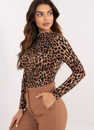 Fitted Long-Sleeve Blouse with Animal Print and Flower Brooch - MimiStylez