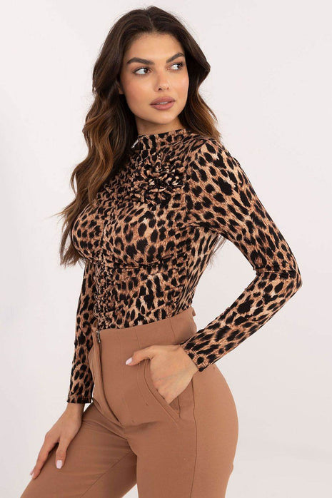 Fitted Long-Sleeve Blouse with Animal Print and Flower Brooch - MimiStylez