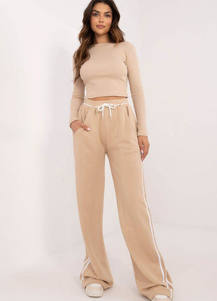 Women's Cotton Ribbed Set – Long Sleeve Top & Wide-Leg Pants with Piping - MimiStylez